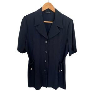 À la une Navy Blue Vintage Black Button-Up Blouse with shoulder pads size medium